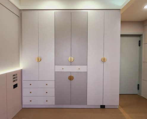 百變風華除濕櫃關門正面全景，展示對稱美學的門片設計與右側穿衣鏡配置，完美融入現代居家空間