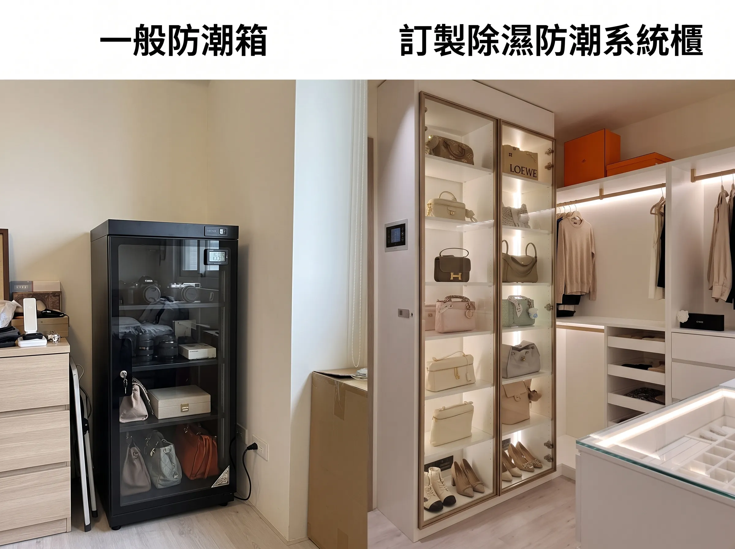 傳統防潮箱與訂製除濕防潮系統櫃的精品收納及空間利用對比